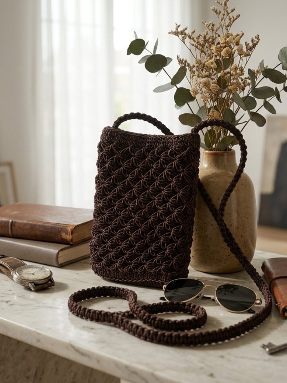 Brown Woven Crossbody Phone Bag Boho Crochet Mini Bag NWOT